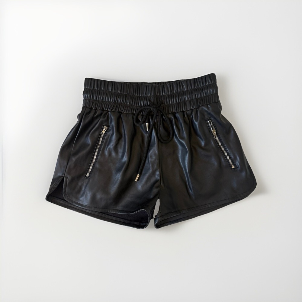 12th Tribe Womens Faux Leather Shorts Size S Satin Black Zip pockets Drawstring